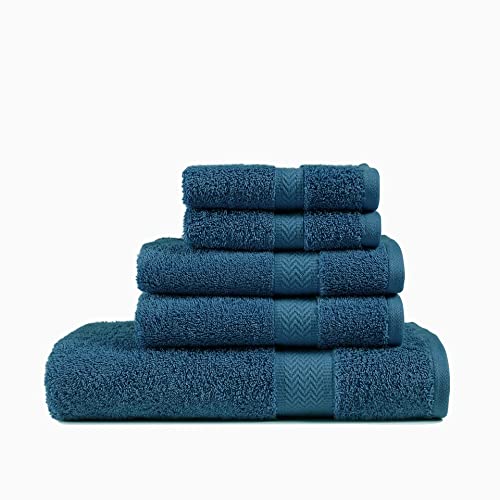 CHATEAU HOME COLLECTION 100% Baumwolle 600 GSM 5-teiliges Handtuchset (1 Badetuch, 2 Handtücher und 2 Waschlappen) - Denim Cover