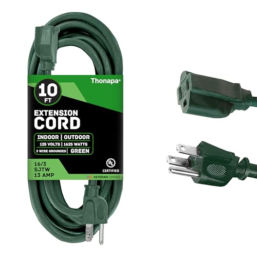 Thonapa 13 Amp Outdoor Extension Cord 10 ft, 16/3 SJTW 10ft Green Extension Cord 3 Prong, Weatherproof for Outdoor Lights, Landscaping & Lawn - US Veteran Owned