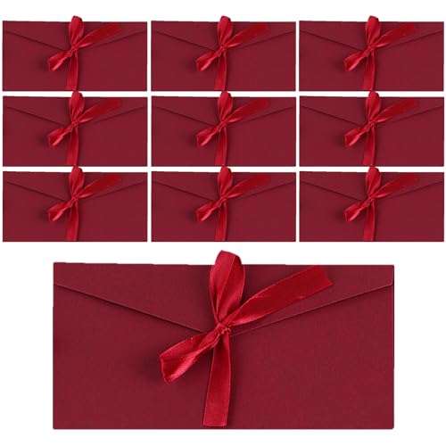 ATSNOSH 10 Stück Dunkelrot Schöne Briefumschläge, Umschläge Grußkarten, Kraftpapier Umschläge mit Schleife, Einladungsumschläge, 11x22 cm, für Weihnachten Geburtstag Valentinstag Hochzeit (Dunkelrot)