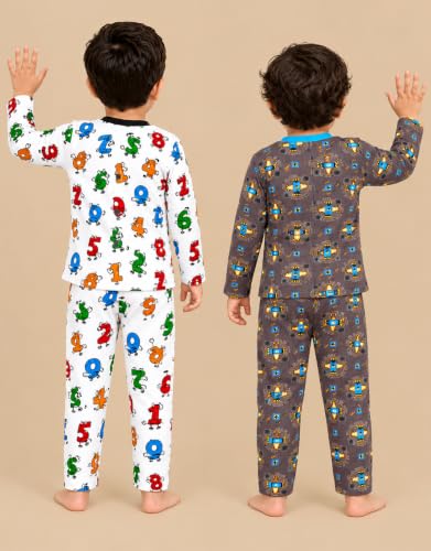 Image of 3BROS Kids Pure Cotton Night Suit Set | Boys Girls Printed Sleepwear Shirt & Pajama Clothing Combo | Soft Breathable Night Dress Outfit | Pack of 2