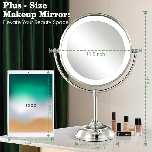 VESAUR 11.8" Extra Large 17" Tall Lighted Makeup Mirror, 1X/5X/10X 3-Sided Magnifying Mirror with 96 LEDs, 3 Color Dimmable Lights, 360° Swivel Dual Power Vanity Mirror, Nickel Finish Luxury Gift Box