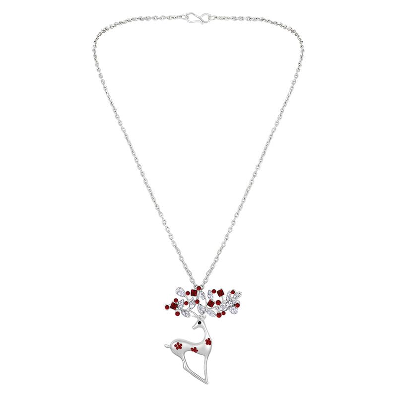 Red Crystals Deer Pendant Necklace with Long Chain