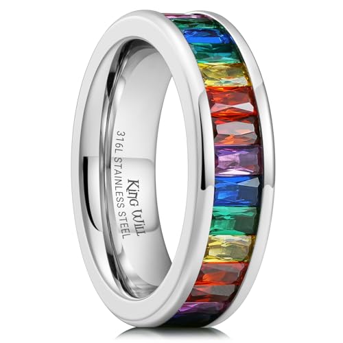 King Will 6mm Women Eternity Rings Colorful CZ Stackable Bands Polished Stainless Steel Anniversary Band Pipe Cut Engagement Ring Durable Comfort Fit Size 6-10