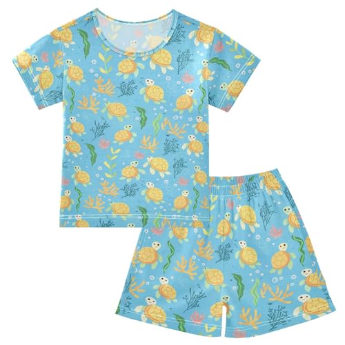 Vdsrup Cute Little Turtle Summer Pajamas Set Short Cotton Yellow Shells Sleepwear 2 Piece Unisex 5Y
