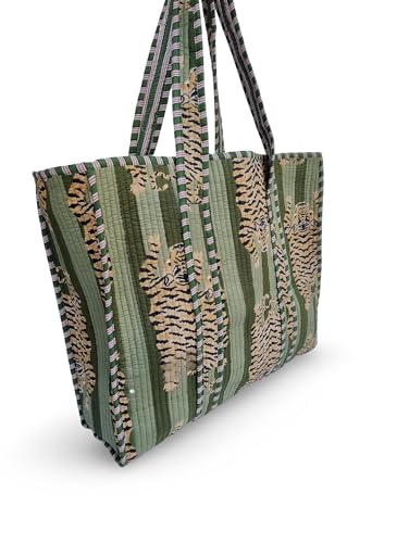 Image of Cotton Tiger Block Print Tote Bag, Indian Handmade Shopping Shoulder Bag, Unisex Market Daily Use