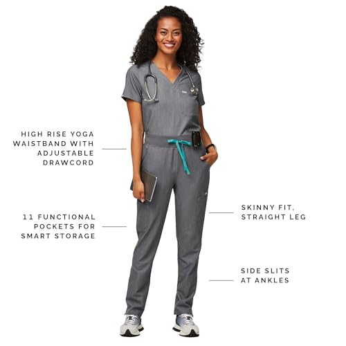 Image of FIGS YOLA High Waisted Skinny Scrub Pants for Women - 11 Pockets, 4-Way Stretch, Yoga Waistband