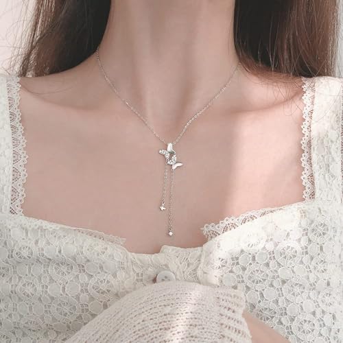 Collier à pompon en argent sterling 925 pour femmes cristal papillon