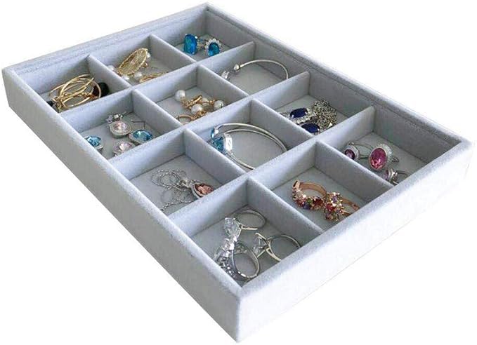 Image of Velvet Jewellry Drawer Organizer Stackable Tray (Grey, 12 Grid Grey)