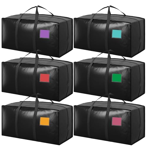 Image of 6 Pack Moving Bags with Full-Open Side Zipper, Extra Large 93L Heavy Duty Waterproof Foldable Storage Totes for College Dorm, Moving & Home Organization Black