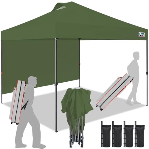 Eurmax USA NOMATTER ONE-Person Open&Close 10x10ft Pop Up Canopy Tent,Portable Shelter Pop Up Canopy for Outdoor Events with 1 Sidewall,Instant Canopies,Bonus 4 Sand Bags(Olive Green)