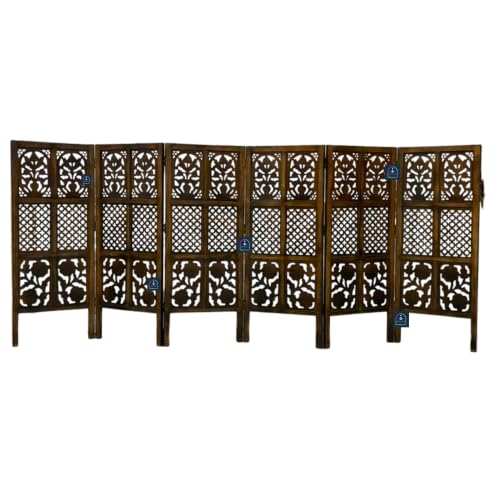 Image of Wooden Room Partition Screen with Burnt Wood Finish | Hand Buffed Traditional Handicraft Room Divider | Indoor Room Separator | Puja Room Divider (6 Panel 4 Feet)