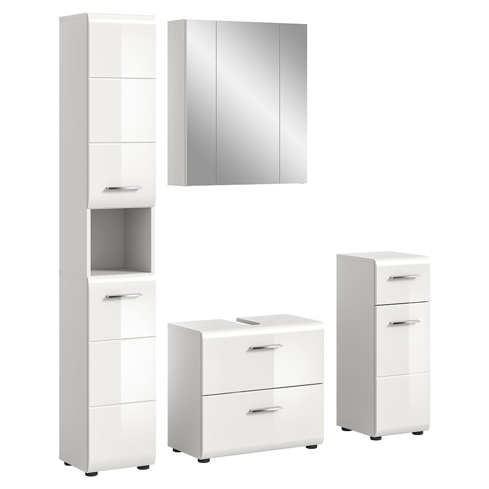 Lomadox Badezimmer Badmöbel-Set 4-teilig in weiß mit weiß Hochglanz, mit 1 Hochschrank, 1 Unterschrank, 1 Spiegelschrank mit 3D-Funktion & 1 Waschbeckenschrank