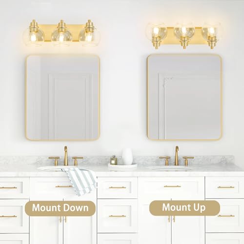 Tuscarora Bathroom Light Fixtures Gold Vanity Light 3 Light Wall Sconces Lighting Brushed Brass Bathroom Lights Bath Wall Lights Wall Lamp for Mirror (Brushed Gold & Clear Glass) by Tuscarora - Used condition - Image 6