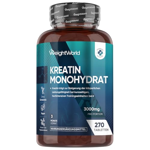 Creatin Monohydrat Tabletten - 3000mg pro Portion - 270 Kreatin Vegan Tablets - 3 Monate Vorrat - Creatine - 3 Kreatin Monohydrat Tabletten pro Tag - Frei von Gluten & Magnesiumstearat - WeightWorld Creatin Monohydrat Tabletten - 3000mg pro Portion - 270 Kreatin Vegan Tablets - 3 Monate Vorrat - Creatine - 3 Kreatin Monohydrat Tabletten pro Tag - Frei von Gluten & Magnesiumstearat - WeightWorld