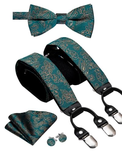 Image of Dubulle Suspender and Bow Tie for Men Paisley Solid Mens Suit Braces Pretied Bowtie and Handkerchief Cufflinks Formal Wedding