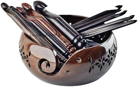 15-Piece Wooden Crochet Hook Set with Flower Design Yarn Bowl – S...