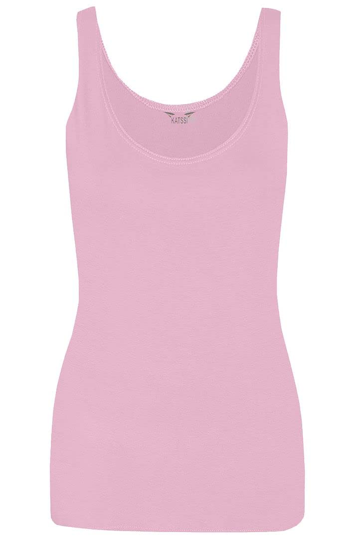 New Ladies Women Solid Wide Shoulder Tall Vest Scoop Neck Tank Top Pink