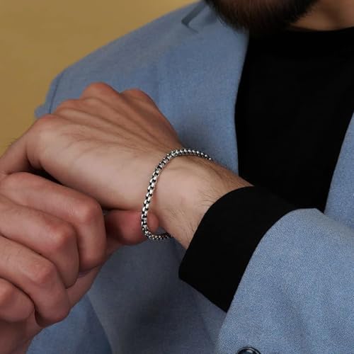 LeCalla Solid 925 Sterling Silver Men's Box Chain Bracelet | Italian Square Rolo Link Round Box Chain Bracelet for Men, Made in Italy (7.5, 8, 8.5, 9 Inches)3