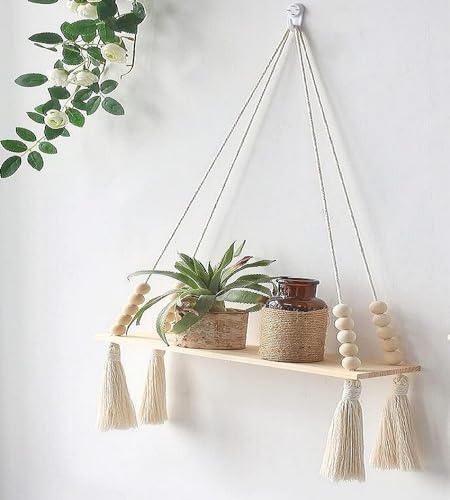 Image of Macrame Wall Hanging Shelf for Home Decor | Bohemian Floating Wooden Shelve for Bedroom, Living Room, Nursery and Marriage Party Decoration, White, Pack of 2 Pieces (Large)