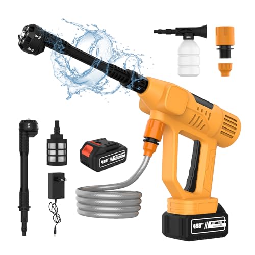 Hidrolimpiadora Bateria, 65 Bar Pistola de Agua a Presión con Boquilla 6 en 1, 10 Niveles de Presión, Pantalla Táctil LED, Hidrolimpiadora Portátil para Coche/Jardín (con 1 batería de 6000 mAh)