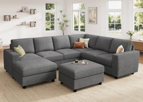 Image of HONBAY Sectional Couch with Storage, U Shaped Sectional Sofa, 8 Seater Sectional Couch for Living Room, Light Grey