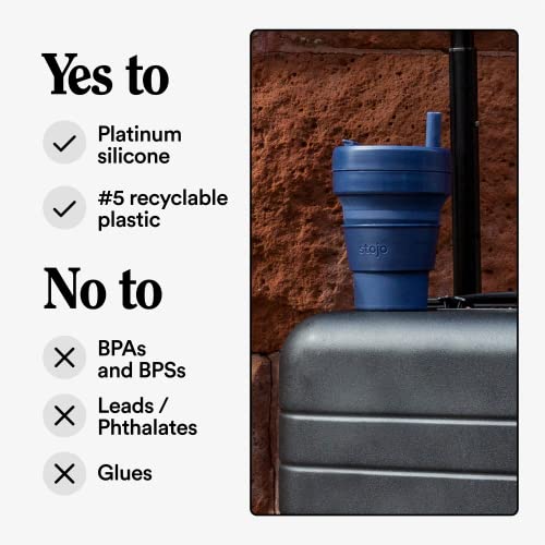Stojo Collapsible Travel Cup Bundle With Straw - Denim and Carbon, 16oz / 470ml - Reusable To-Go Silicone Cup Set