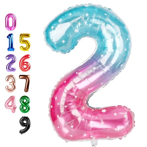 Image of 2 Balloon 40 inch Number Balloons for 2 Birthday Decorations, Blue and Pink | Saturated Color, Large 40 in, With Inflation Straw & Hanging Hole, Great for Men's Party, Back-To-School Season, Pool Party