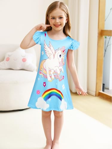 WonderBabe 2Pcs Girls Nightgowns Unicorn Pajamas Toddler Nightgown Sleepwear Flutter Short Sleeves Night Gowns for Kids4