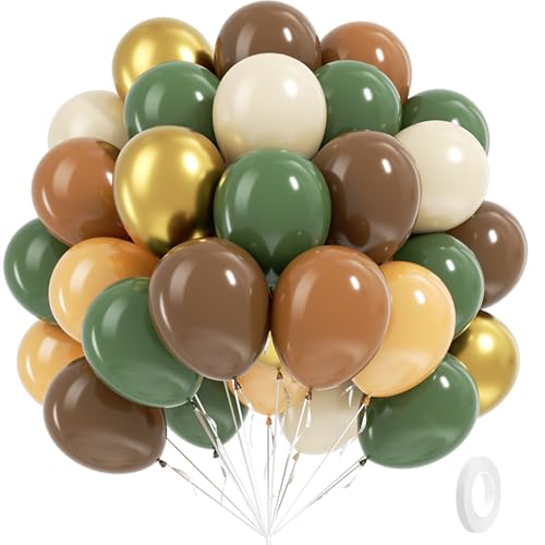 Image of BAUANOOY Green and Brown Balloons, 60pcs 12 Inch Safari Balloons with Sage Green Brown Nude Metallic Gold Latex Balloon for Jungle Forest Baby Shower Birthday Party Decorations