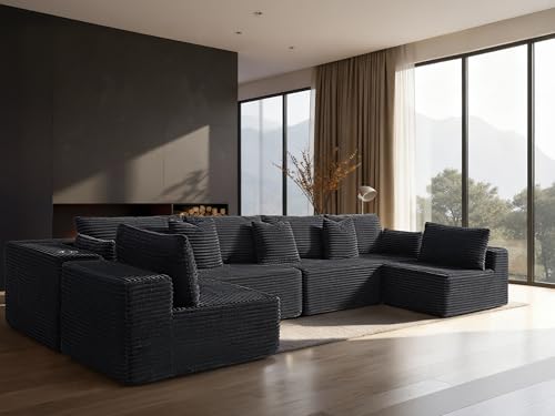 Image of 138 inch Cloud Sectional Couch, Comfort U Shaped Sofa for Living Room, Extra Deep Seats No Assembly, Minimalist Modular Couch, Corduroy (Black, 6 Seats,U-Shape B)