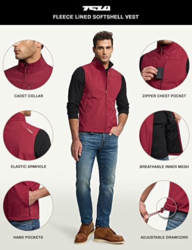 Tsla Men's Sleeveless Softshell Vest, Full-Zip Windbreaker Vest, Outdoor Golf Travel Hiking Vest, Softshell Vest Maroon, Large #TOP2