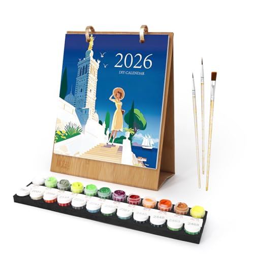 livre Generisch Calendrier 2026 Peinture par numéros - Calendrier de table avec illustrations faites à la main - Avec peintures acryliques et pinceaux - Pour dessiner pendant les loisirs (peinture de