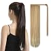 BARSDAR 24 Inch Ponytail Extension Long Straight Wrap Around Clip in Synthetic Fiber Hair for Women - Light Ash Brown & Bleach Blonde