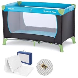 hauck Baby Reisebett Set Dream n Play mit extra Alvi Komfort Matratze und Moskitonetz - faltbares Kinder Babyreisebett mit Tasche - Waterblue