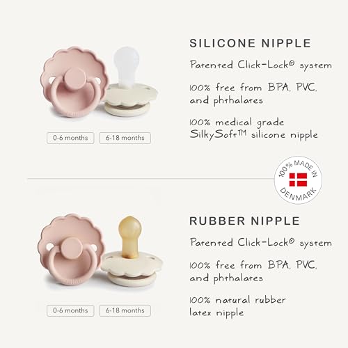 Image of FRIGG Daisy Natural Rubber Baby Pacifier | Made in Denmark | BPA-Free (Chamomile /Peach Bronze, 6-18 Months) 2-Pack