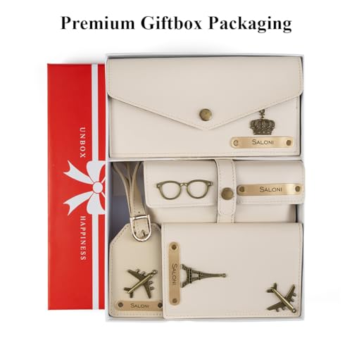 Image of AICA Personalised Name & Charm Womens Leather Combo Gift Set (Cream) | Gifts for Women| Customised Gift Hamper for Woman