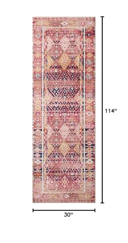 Loloi Layla Collection LAY-15 Magenta/Multi 2'-6" x 9'-6" .13" Thick Runner Rug, Soft, Durable, Vintage Inspired, Distressed, Low Pile, Non-Shedding, Easy Clean, Printed, Living Room Rug