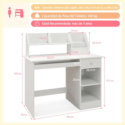Miniatura 3 de Goplus Escritorio Infantil De Madera Con Cajón, Mesa Juvenil Con 4 Estantes Abiertos, Bandeja Para Teclado, 3 En 1 Escritorio Para Niños Con Dispositivo Antivuelco, 90 X 45 X 90 Cm Blanco