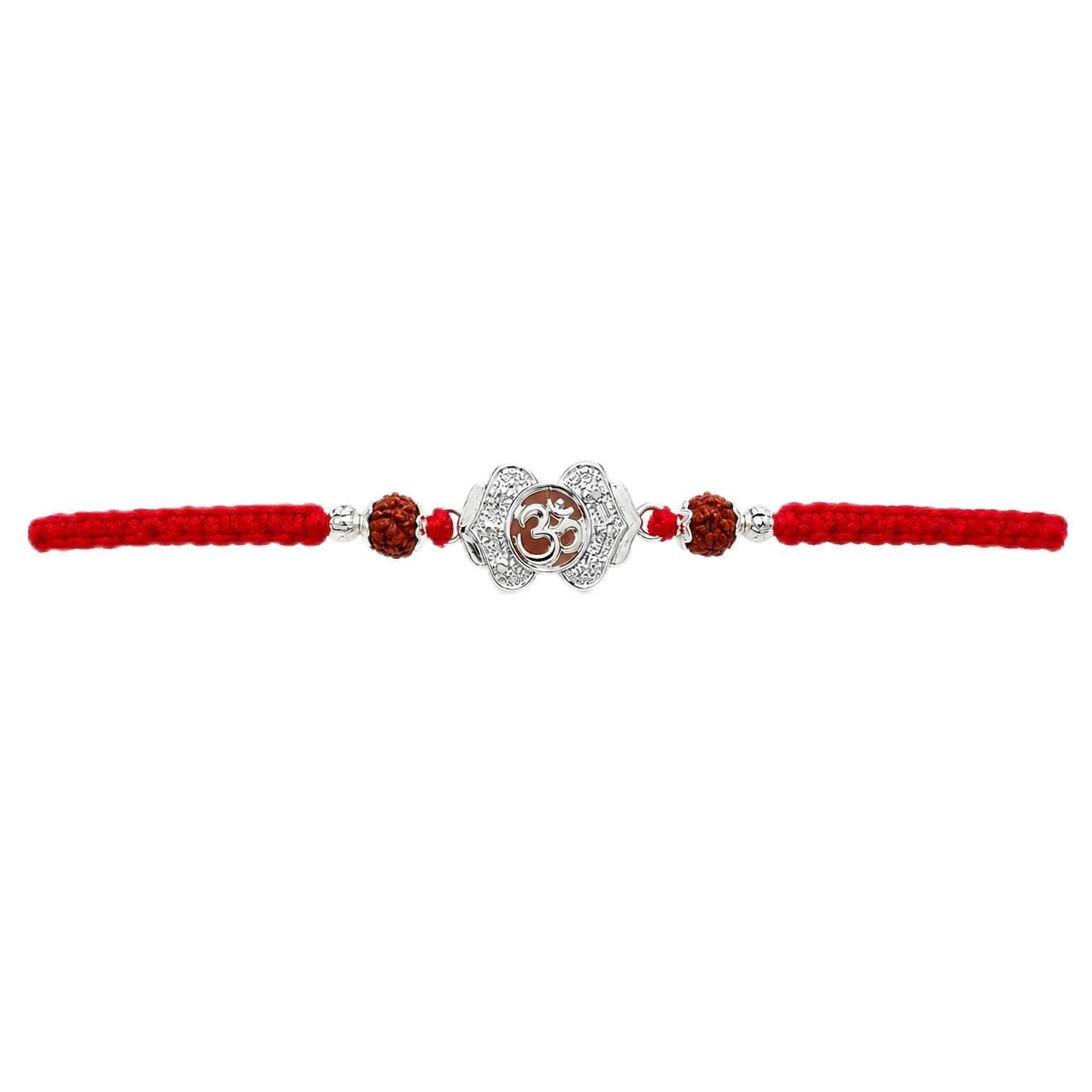 kcc enterprise Premium Om Silver Rakhi for Brother | Designer Silver Finish Raksha Bandhan Rakhi with Rudraksha Beads & Red Thread | Traditional Hindu Rakhi Gift for Bhai | 1 Pc-picture-35