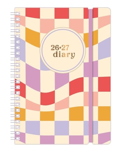 2026-2027 A5 Wiro Die Cut Academic Diary Day A Page Mid Year Hardback Spiral Bound Elastic Closure Student Teacher Planner (Checked Colouful)