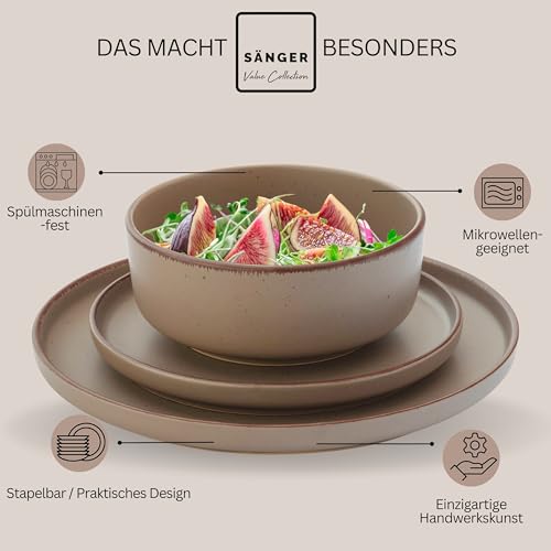 SÄNGER Bombay Oak | Kombiservice 20 teilig, Steingut Geschirr 4 Personen, 4x Speiseteller 4x Dessertteller 4x Schalen 4x Pastateller 4x Kaffeebecher, Teller Set modern | VALUE COLLECTION