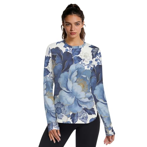 T-shirt respirant femme pivoines bleues et dorées pour rando
