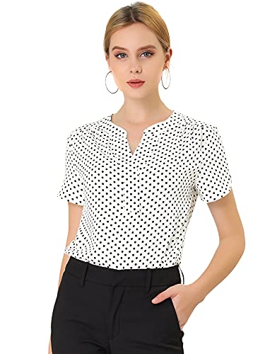 Allegra K Women's Dots Printed V Neck Short Sleeve Work Office Blouse Top Small White