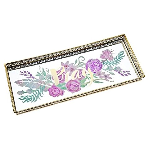 Philip Whitney Glass Jewelry Tray Vanity Dresser Perfume Organizer – Mirror with Metal Trim - Pray - 12x4 Cover
