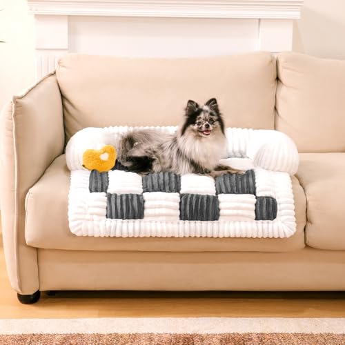 FUNNY FUZZY Pet Couch Covers for Sofa, Small Dog Couch Cover Bed Cozy Cream Plaid Washable Pet Mat for Furniture Protector Sofa Cover for Dogs Cats, Small, Black 27.5"L x 25.5"W x 5.6"Th Bla