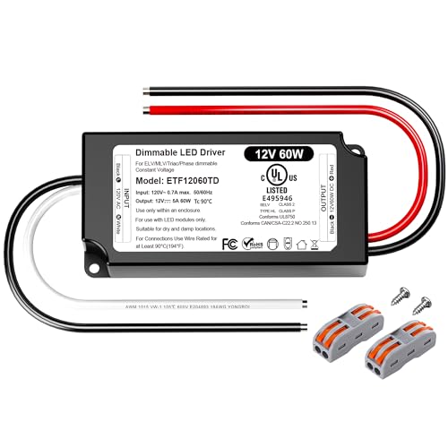 VEURCHY 12V Dimmable LED Driver 60W UL Listed, 120V to DC 12V Triac ELV/MLV LED Transformer...