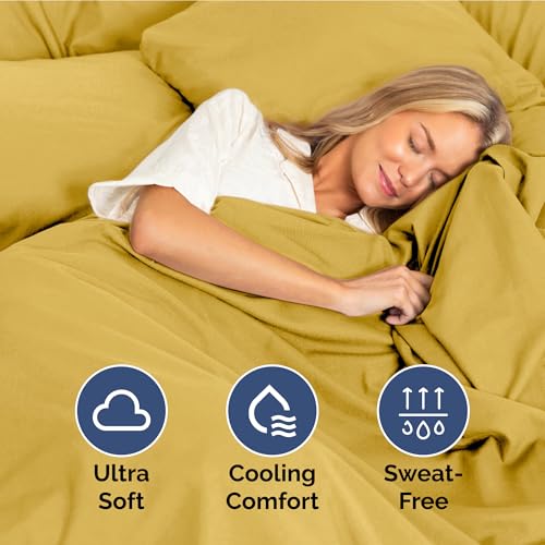 Image of Full Size 4 Piece Sheet Set - Ultra Soft & Cooling Bed Sheets - Mustard | Fits 8 Inch to 16 inch Mattress, Wrinkle Free & Fade Resistant with Deep Pockets, Breathable, Comfy Hotel Luxury Bedding