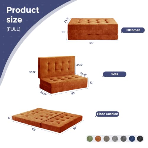 Image of MAXYOYO 6 inch Folding Sofa Bed for Floor, Tufted Tri-Fold Floor Mattress | Full Size Portable Sofa Couch Guest Mat with Chenille Fabric for Adults, Foldable Topper for Camping, Orange, Full