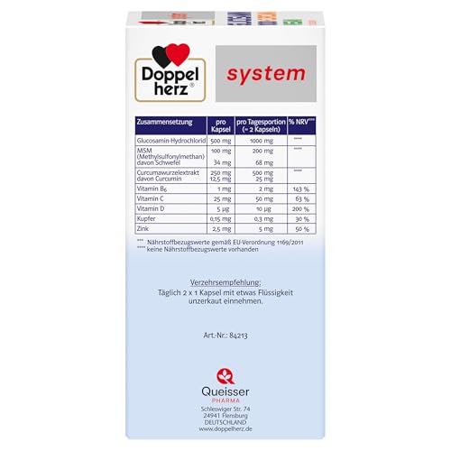 Doppelherz system GLUCOSAMIN 1000 + CURCUMA VEGAN – Vitamin C trägt zur normalen Kollagenbildung für die normale Knorpel- und Knochenfunktion bei – 120 Kapseln