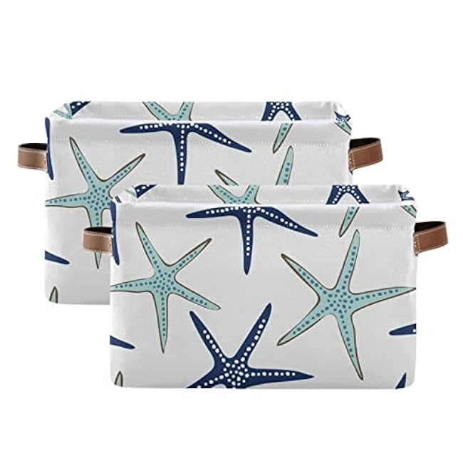 ALAZA Beach Coastal Starfish Navy Blue Turquoise Storage Baskets Large Foldable Storage Bin Canvas Toys Box Fabric Decorative Collapsible Organizer Bag with Handles 2 Pcs
